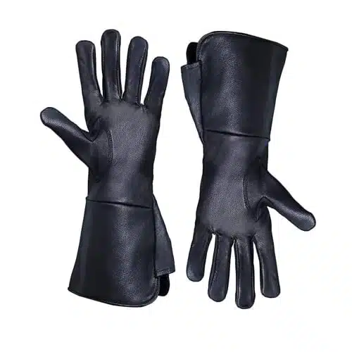 BlingSun Menâs Medieval Renaissance Gloves Pure Black Lambskin Unlined Leather Cosplay Gauntlet Gloves Long Arm Cuff (Medium)