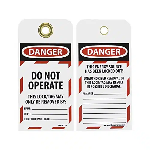 NMC LOTAGLockout Tag, DANGER   DO NOT OPERATE, Height x idth, Unrippable Vinyl, RedBlack on White (Pack of )