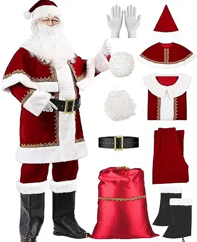 PrettyFirst Santa Claus Costume for Men, Deluxe Velvet Santa Suit Adult Santa Costume Christmas Santa Outfit Set pcs