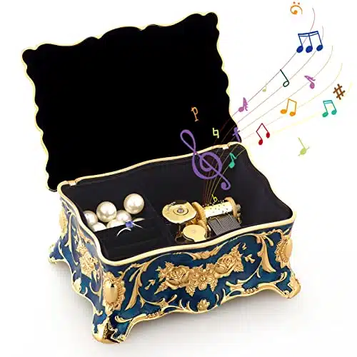 ROSIKING Blue Rectangle Emboss Alloy Metal Music Box Wind Up Antique Jewelry Musical Boxes Christmas Birthday Valentine's Day Gifts Plays Anastasia Once Upon a December