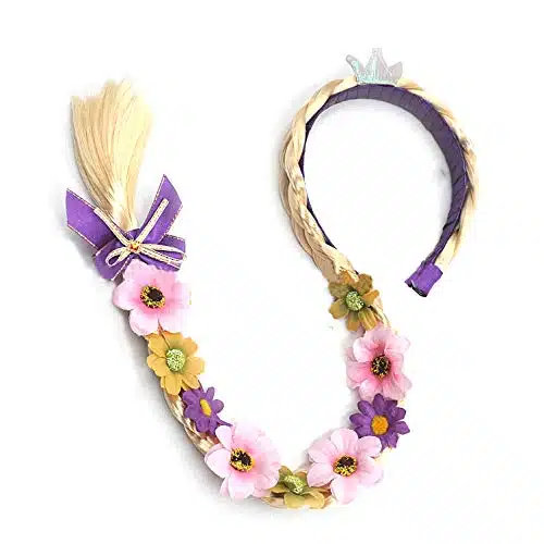 Tatibana Princess Dress up Wigs, Princess Rapunzel Long Braided Wig Headbands with Tiara Flowers Adorn for Girls Costume Accessories, Inch