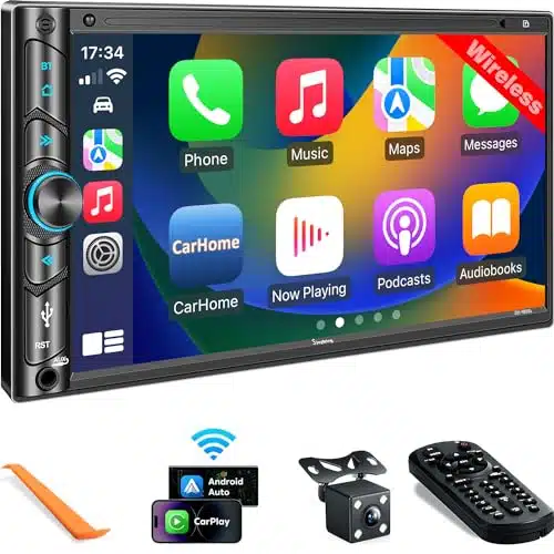 Upgrade Wireless Double Din Car Stereo with Apple Carplay, Android Auto, Bluetooth, Channel RCA, High Power, Subwoofer Ports, HD Capacitive Touchscreen Car Radio, Backup Camera, Audio Receiver