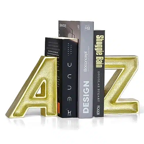 Ambipolar Stylish A Z Letter Design Bookends, Premium Gold Iron Cast, Versatile Home Decor Accent and Bookshelf Organizer, Non Slip Base, for Book Lovers and Modern Room Decor (Gold)