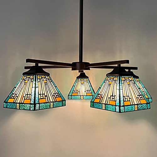 Capulina Tiffany Chandeliers Antique Mission Amber Green Style Stained Glass Pendant Light Fixtures Light for Living Dining Room Kitchen Foyer Porch Entryway