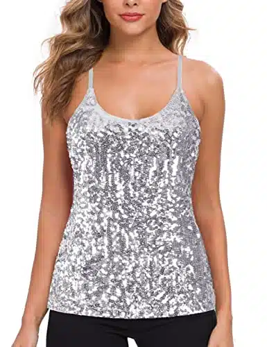 MANER Womens Sequin Tops Glitter Party Strappy Tank Top Sparkle Cami (XL , Silver Grey)