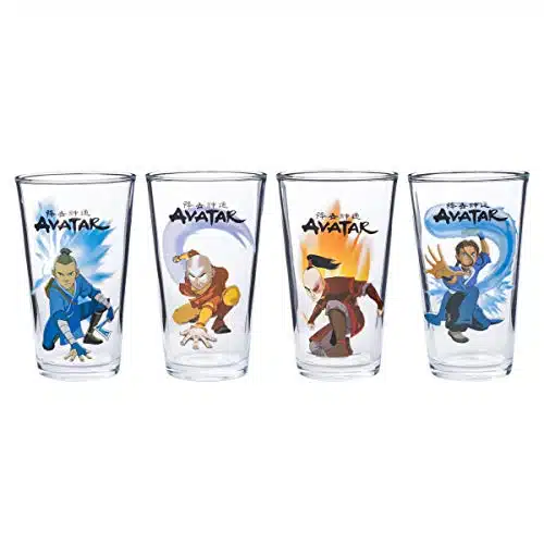 Silver Buffalo Avatar the Last Airbender Characters Featuring Sokka, Aang, Zuko, and Katara Elements pc Pint Glass Set, Ounces