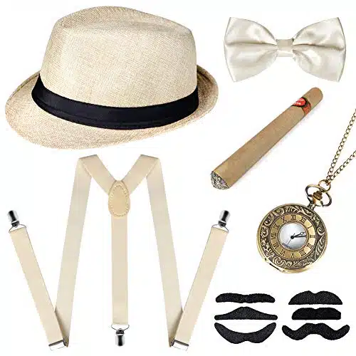 sinoeem s Mens Gatsby Gangster Costume pcs Accessories Set for Man (Beige)