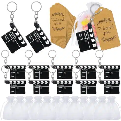 Movie Night Party Return Favors for Guests, Movie Clapboard Key Chain Tape Measure Keychain, Kraft Thank You Tag, Organza Gift Bags for Film Party, Bridal Shower, Wedding Favor, Cast Party (Sets)