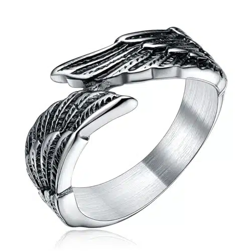 TIGRADE Antique Stainless Steel Ring Feather Angel Wing Cast Black Silver Band (Black,)